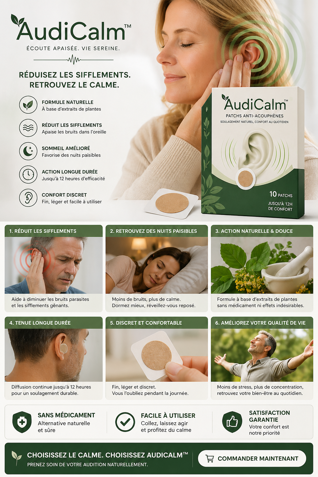 AudiCalm™ |20 Piéces de Patchs de soulagement des acouphènes  | Matériel à base de plantes écologique | Extraits naturels | Facile à utiliser | Tous types de peau