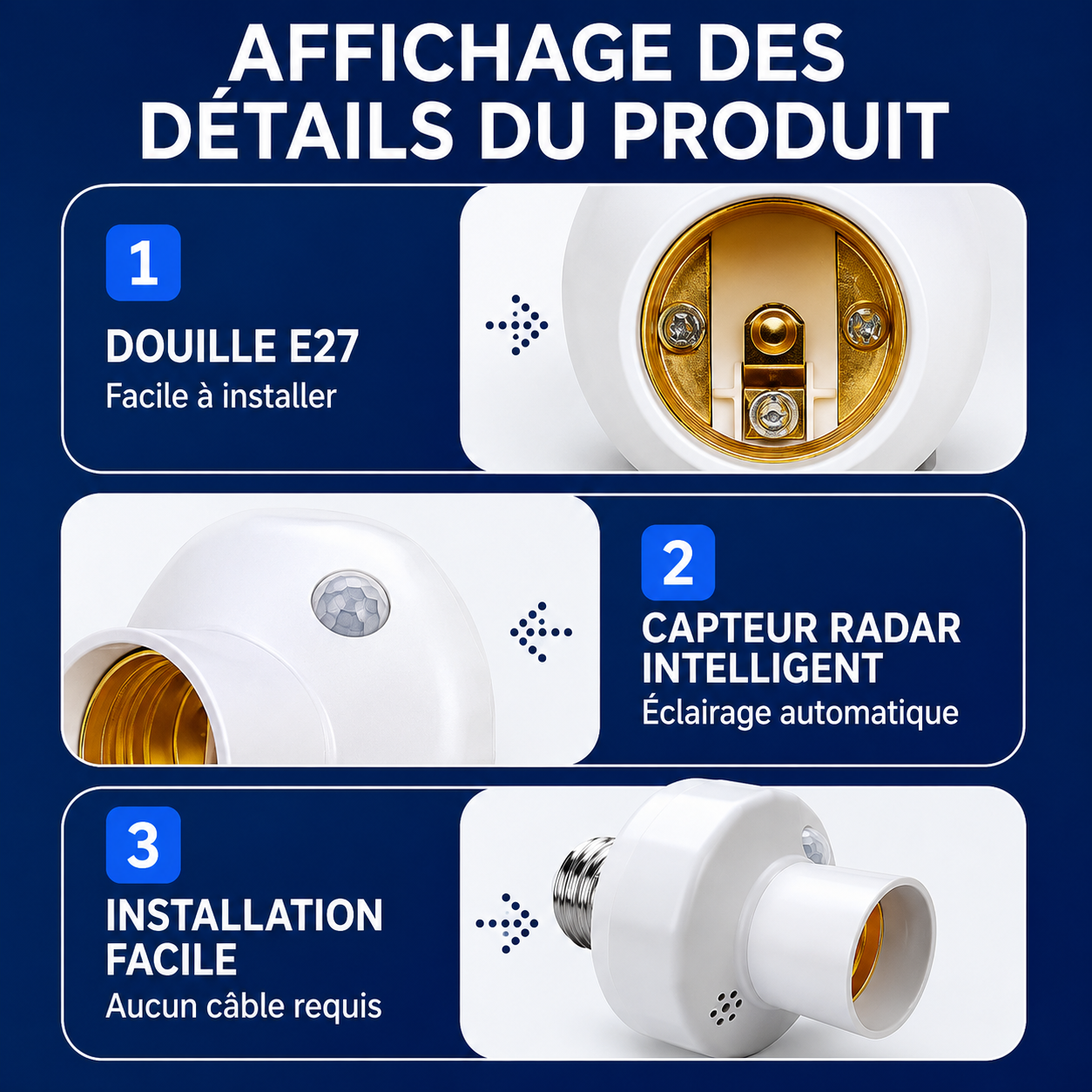 Pack de 3 Support de lampe de détection de mouvement à Induction humaine