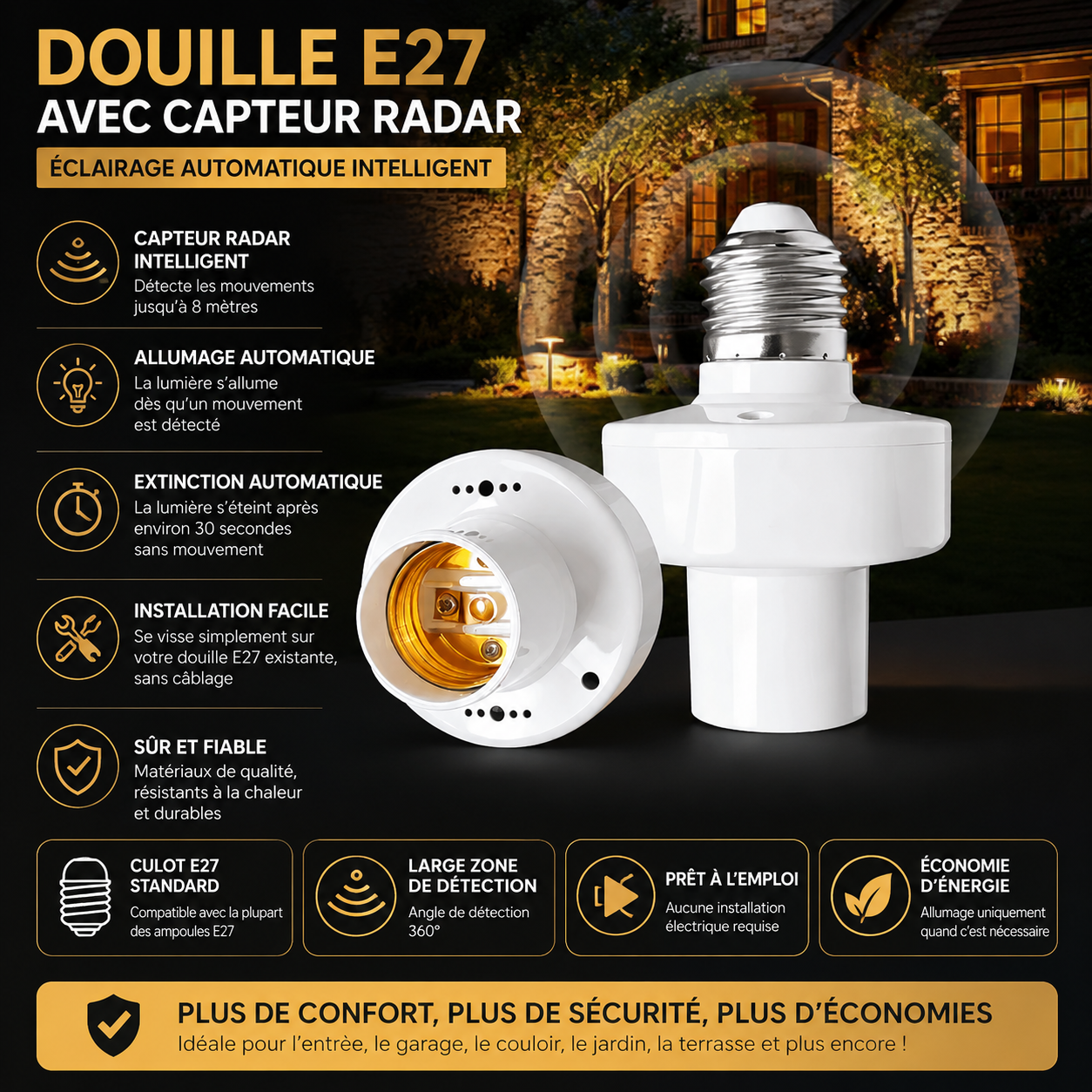 Pack de 3 Support de lampe de détection de mouvement à Induction humaine