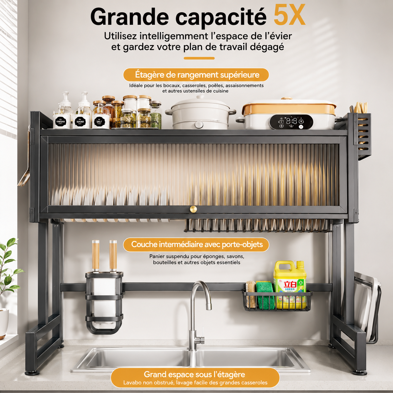 Égouttoir à vaisselle moderne à trois niveaux non pliable en acier au carbone, design écologique, multifonctionnel