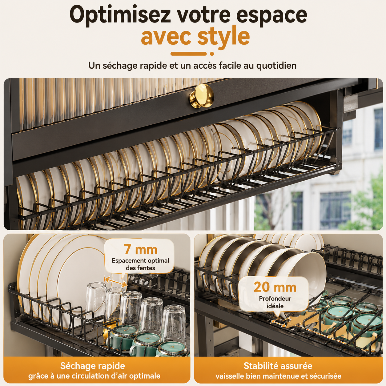 Égouttoir à vaisselle moderne à trois niveaux non pliable en acier au carbone, design écologique, multifonctionnel