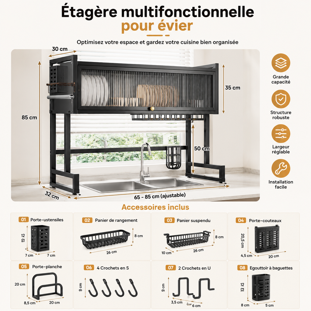 Égouttoir à vaisselle moderne à trois niveaux non pliable en acier au carbone, design écologique, multifonctionnel