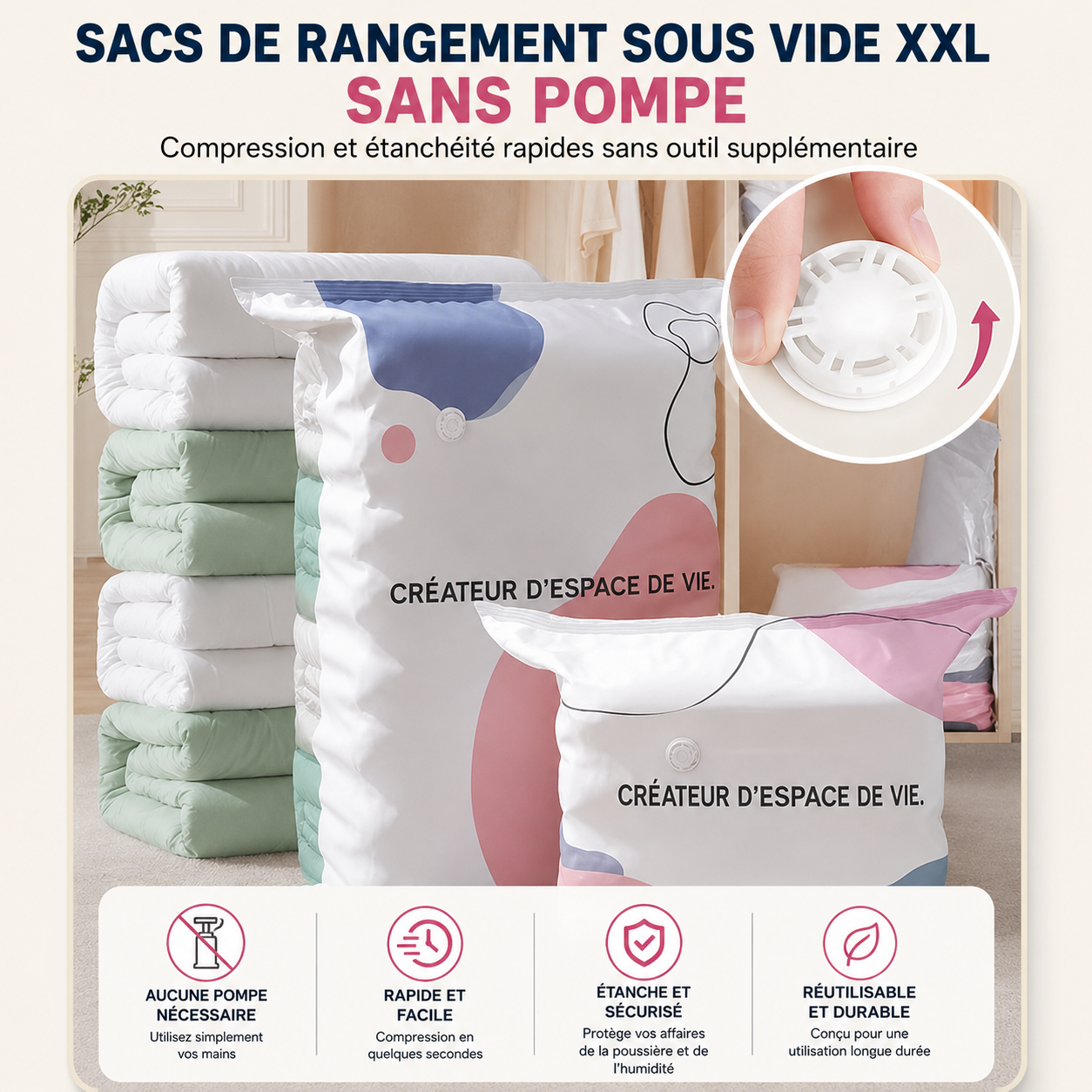 SpaceMax™ ,Pack de 2 sacs de rangement sous vide sans pompe (un grand modéle et un modéle moyen )