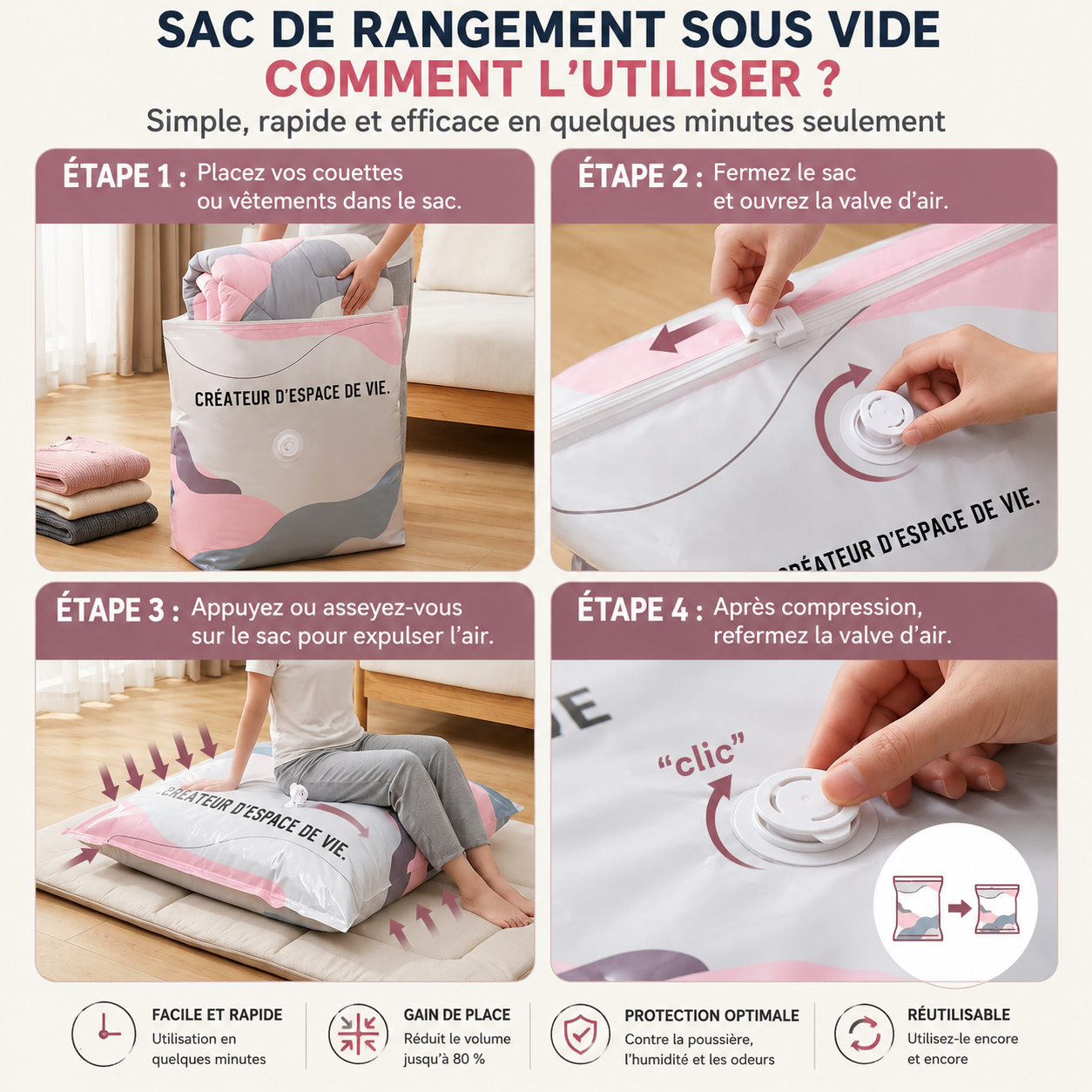 SpaceMax™ ,Pack de 2 sacs de rangement sous vide sans pompe (un grand modéle et un modéle moyen )