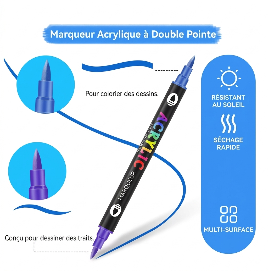 Acryl'Art™ – Ensemble de stylo marqueur d'art de peinture acrylique à double tête non toxique permanent pour la peinture de bricolage